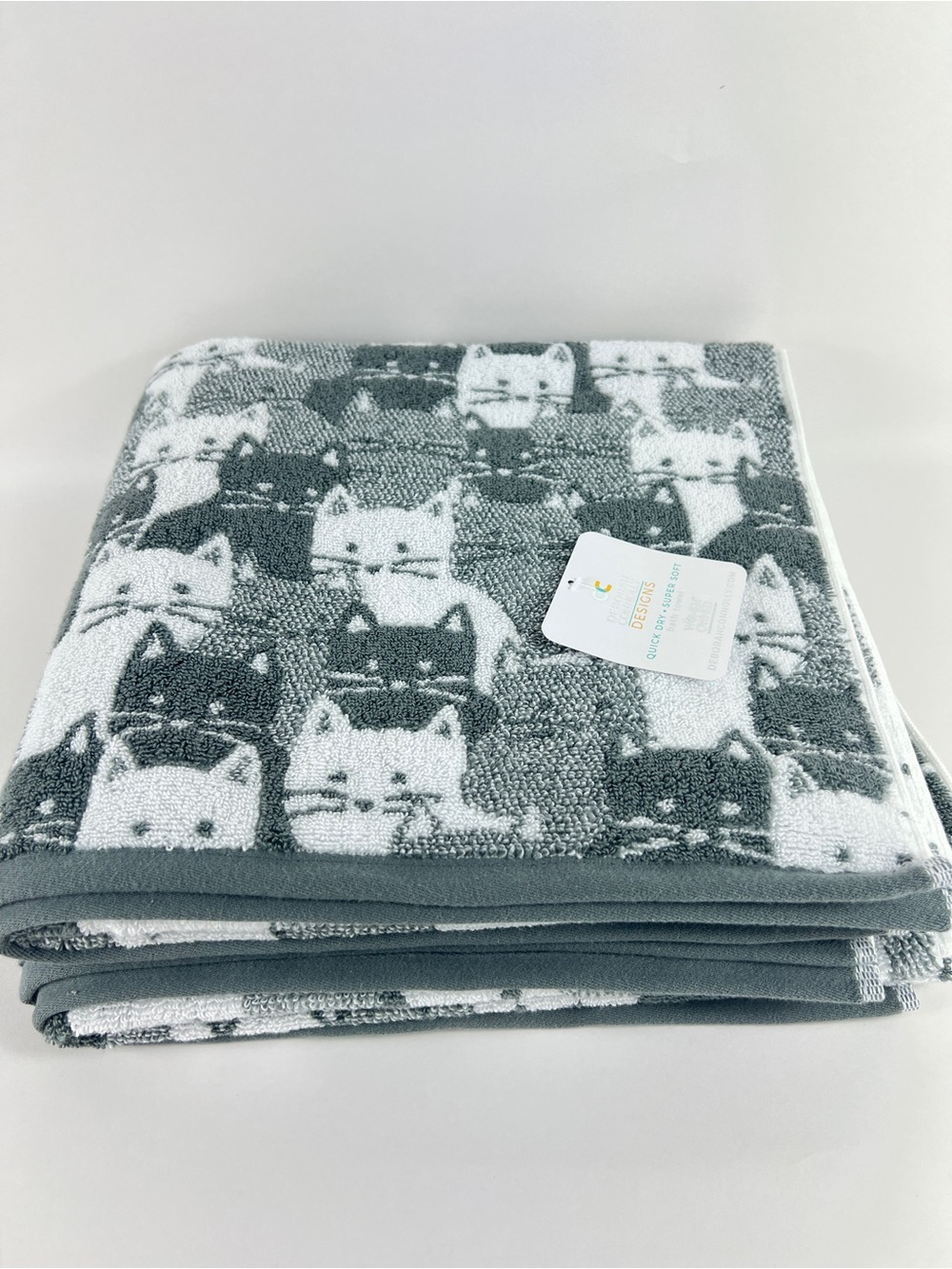 Deborah Connolly Bath Towel Set Gray White Cat Design Cotton Blend 2 Pc NEW